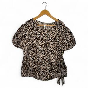 PerCeption Women's Puff Sleeve Top Blouse 2X Black Brown Chetah Animal Print